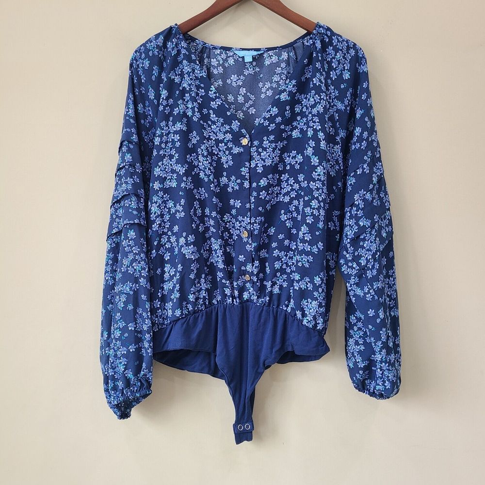 Draper James RSVP Women Floral Body Suit Size XL Blue Ruffle Sleeve Boho Prairie